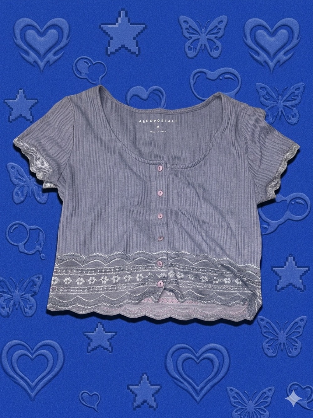 Aeropostale Lavender Ribbed Lace-Trim Button Crop Top